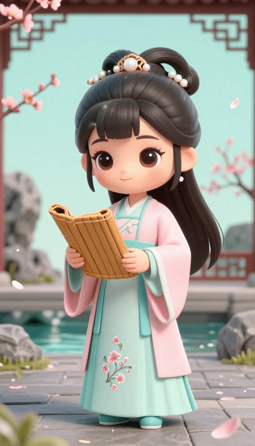 头像壁纸素材：治愈系Q版王语嫣：江南庭院读书时刻