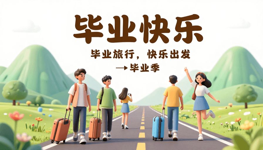 可爱风格素材：毕业快乐出发：3D可爱风格旅行海报