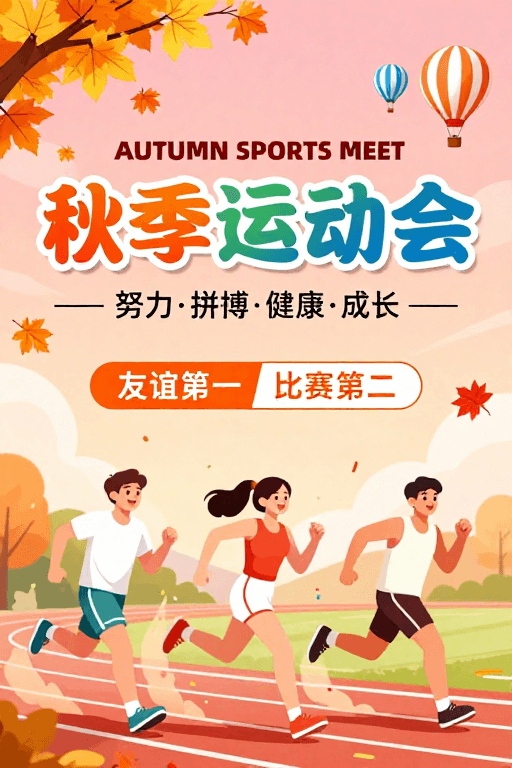运动海报素材：活力秋日运动盛会：清新插画海报