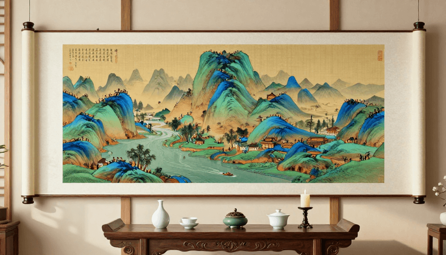 文人雅趣素材：湘西青绿山水卷轴：传统光影与雅致空间美学