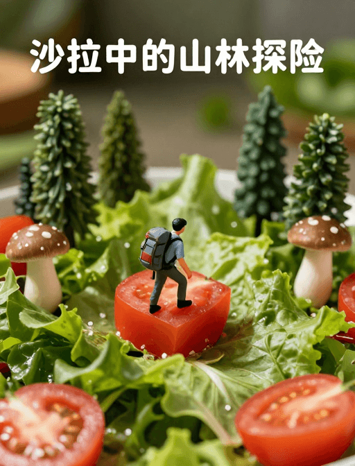 创意美食素材：微缩山林探险：番茄攀爬的创意沙拉艺术