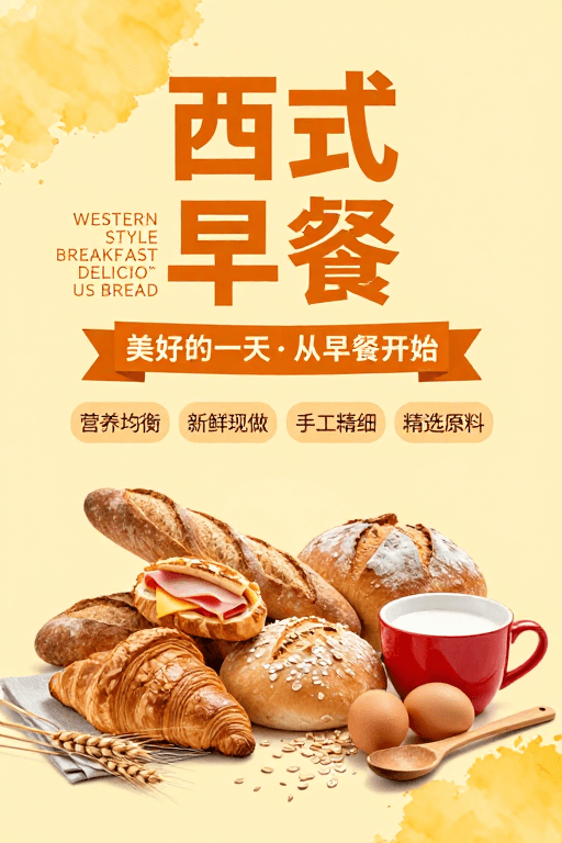 暖色调设计素材：西式早餐海报：暖色温馨设计，美味与健康理念