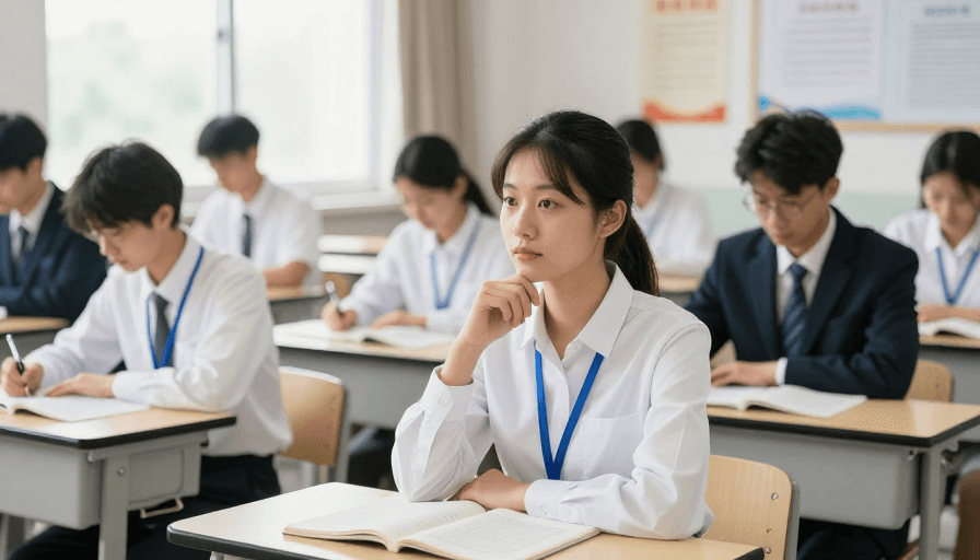 摄影写实素材：专注未来：亚洲学员在明亮教室中沉浸学习