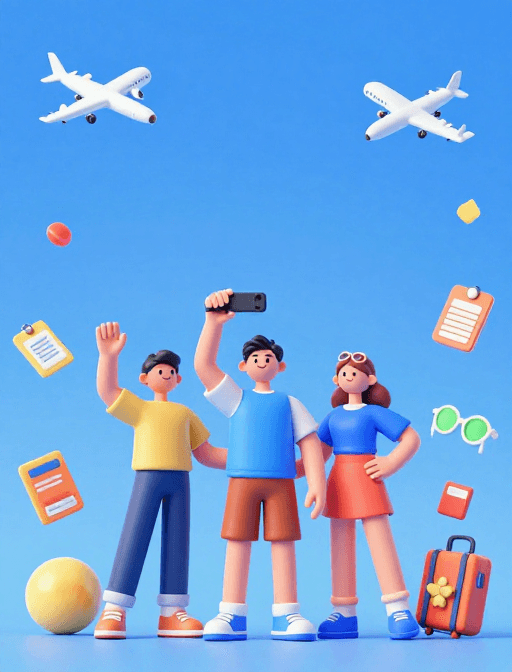 户外风景素材：欢乐旅游搭子：3D卡通人物户外自拍海报