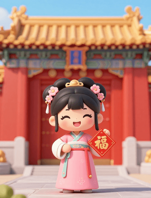 福运主题素材：古风少女福运降临：粉色汉服与红墙特写