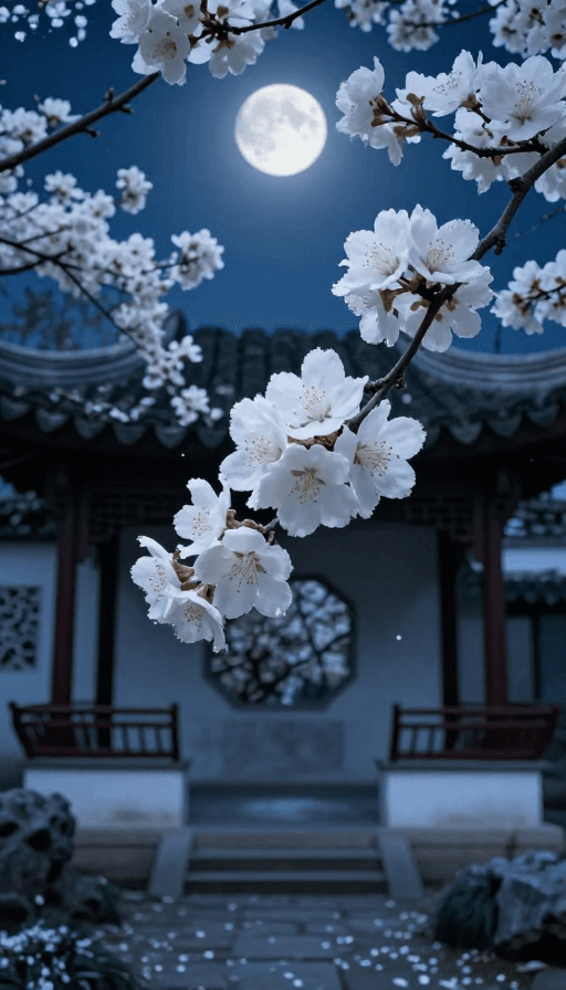 文化元素素材：清幽月色·中式园林中绽放的海棠花