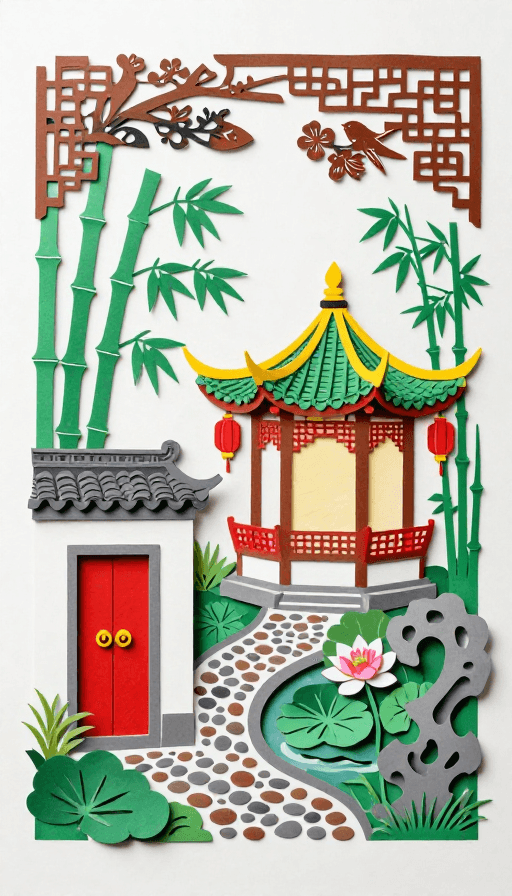 庭院设计素材：国风剪纸：庭院园林的诗意拼贴画卷