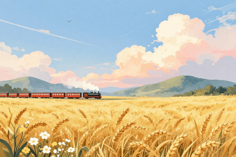 背景图素材：梦幻田园：蒸汽火车穿行金色麦浪的治愈风景插画