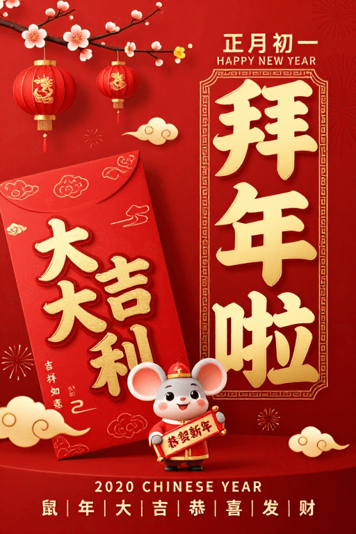 春节祝福素材：新春喜庆！红色中国风拜年海报设计
