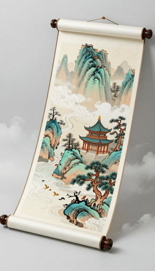 亭台楼阁素材：中国神话卷轴：亭台楼阁与苍松翠柏的仙境实景