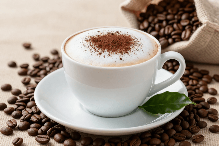 浅景深摄影素材：白瓷咖啡杯奶泡特写，暖光烘焙豆散落