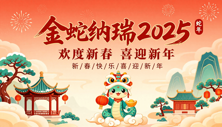 书法字体设计素材：2025金蛇纳瑞：中国风暖调新年插画海报