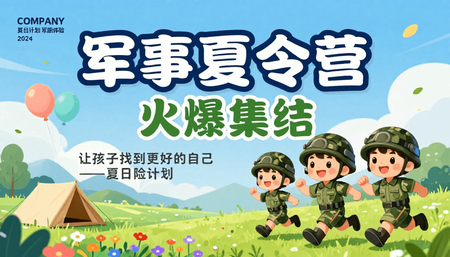 儿童活动素材：童趣军旅：夏日军事夏令营卡通海报