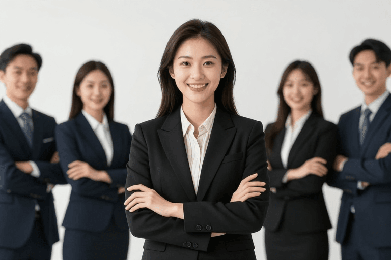 柔光人像素材：亚洲女性与团队展现专业商务风采