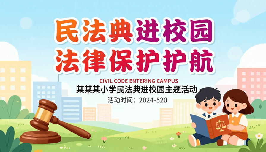法治宣传素材：民法典进校园：法治青春活力插画海报