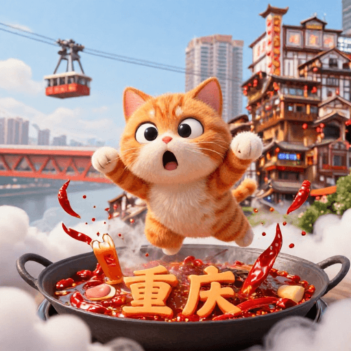 重庆火锅素材：橘猫跃火锅奇景：山城烟火与萌趣3D插画