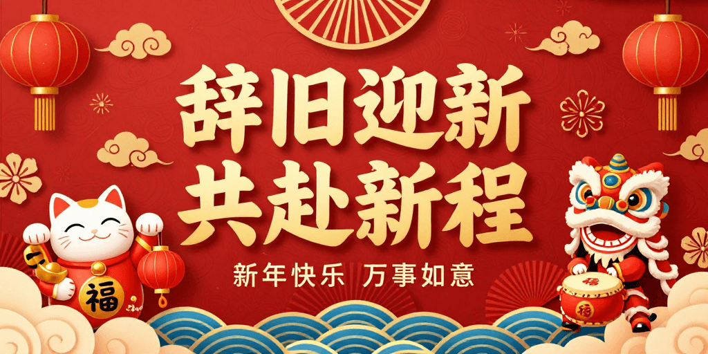 传统吉祥图案素材：喜庆中国风新年海报：金色立体字与吉祥元素融合
