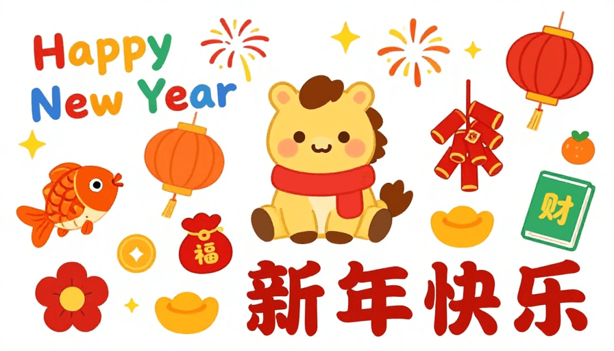 儿童向艺术素材：新春卡通小马欢乐贺岁插画
