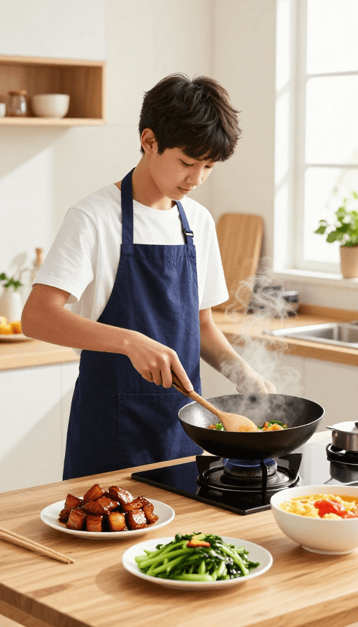 现代厨房素材：少年在明亮厨房专注烹饪美食的温馨瞬间