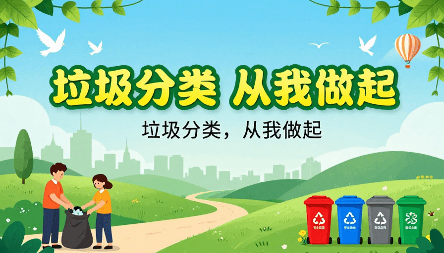 社区宣传素材：清新平插画风环保海报：垃圾分类从我做起