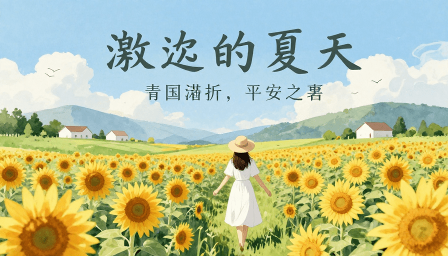 水彩插画素材：向日葵下的静谧漫步：治愈系水彩田园夏日海报