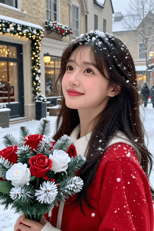 新年祝福素材：冬日圣诞美少女：雪花中的纯真笑容