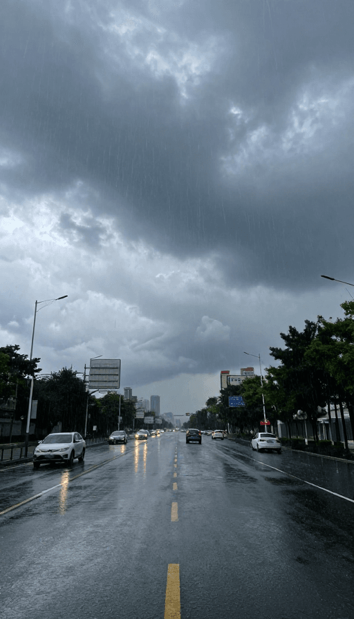 夜景素材：暴雨倾泻下的城市雨幕与闪电交织