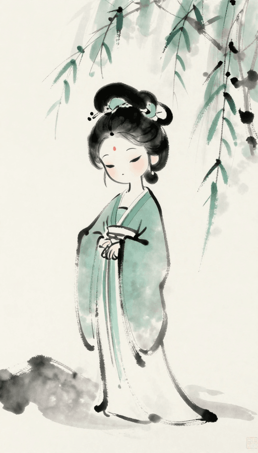 夜晚庭院素材：水墨古典美人：月色柳影下的东方美学