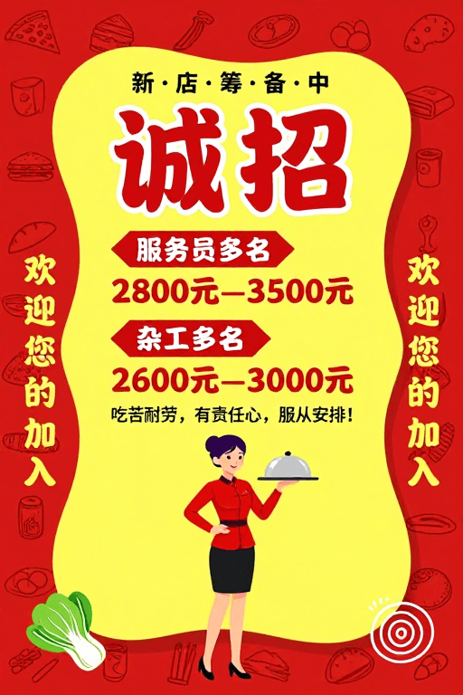 视觉引导素材：红底手绘美食招员工：薪资透明，欢迎加入