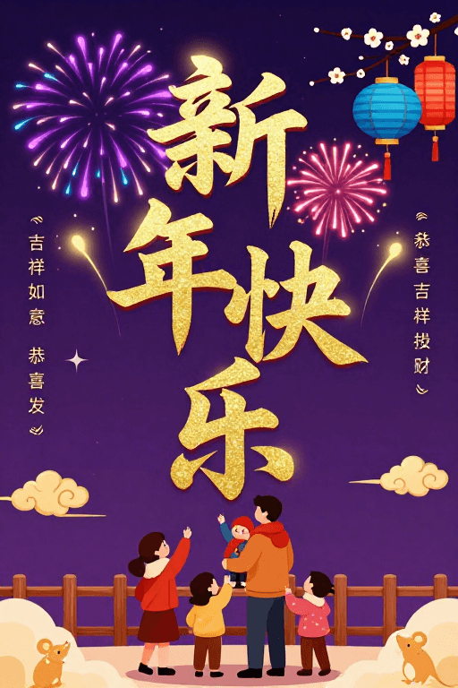 国潮插画素材：新年国潮插画：璀璨烟花下的团圆喜庆祝福