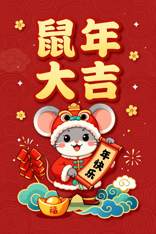 卡通插画素材：喜庆鼠年卡通新年海报