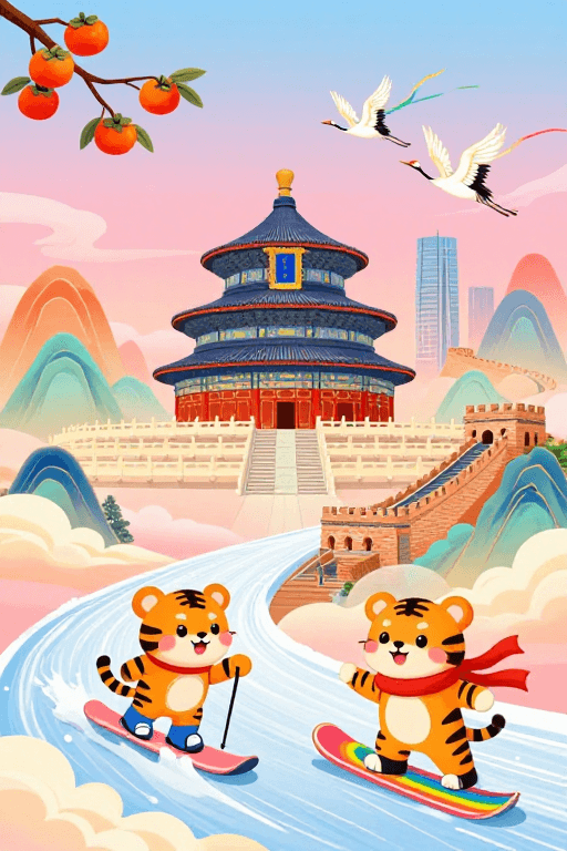 粉蓝渐变素材：童话风中式雪景：天坛与长城的奇幻冬日之旅