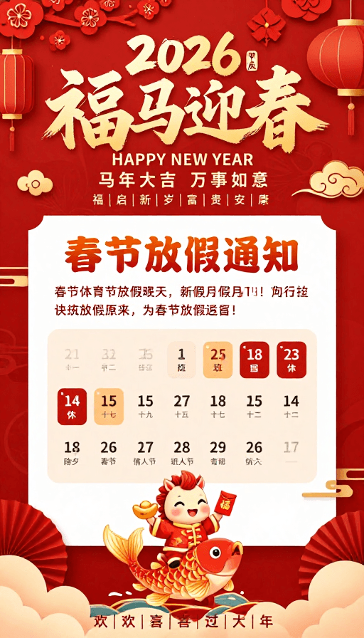 红色喜庆素材：2026甲辰马年春节通知海报：红色喜庆中国风设计