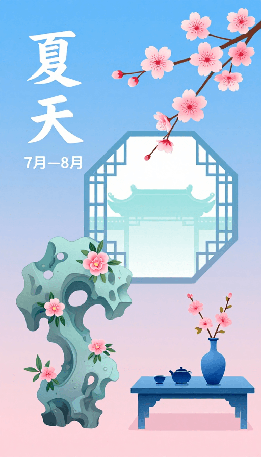 新中式风格素材：夏日新中式插画：清雅蓝粉渐变美学