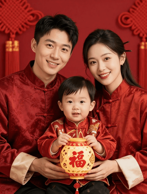 家庭合影素材：喜庆中式全家福：幸福团圆时刻