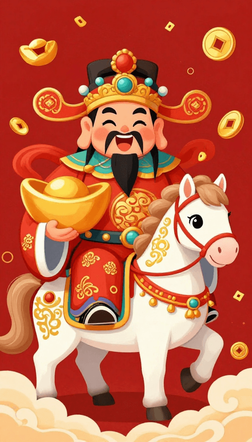 喜庆插画素材：国潮财神喜庆插画：色彩鲜艳传递富贵吉祥
