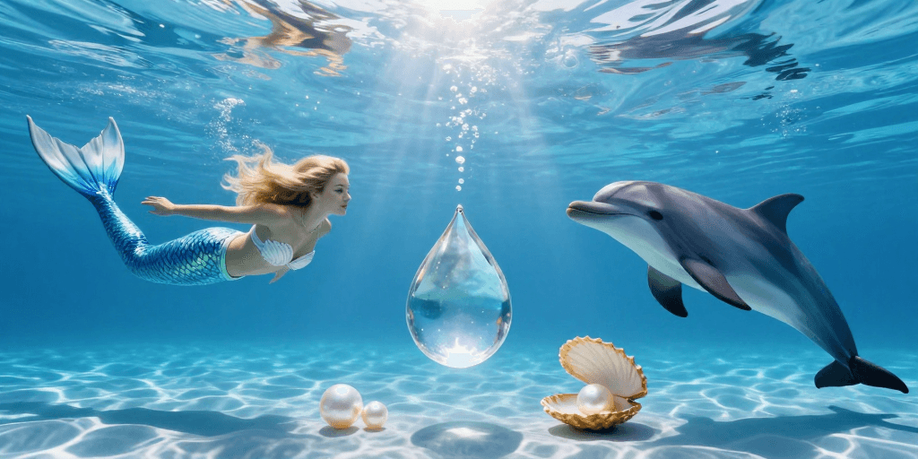 海洋生物素材：梦幻水下世界：美人鱼与晶莹水滴的童话之旅