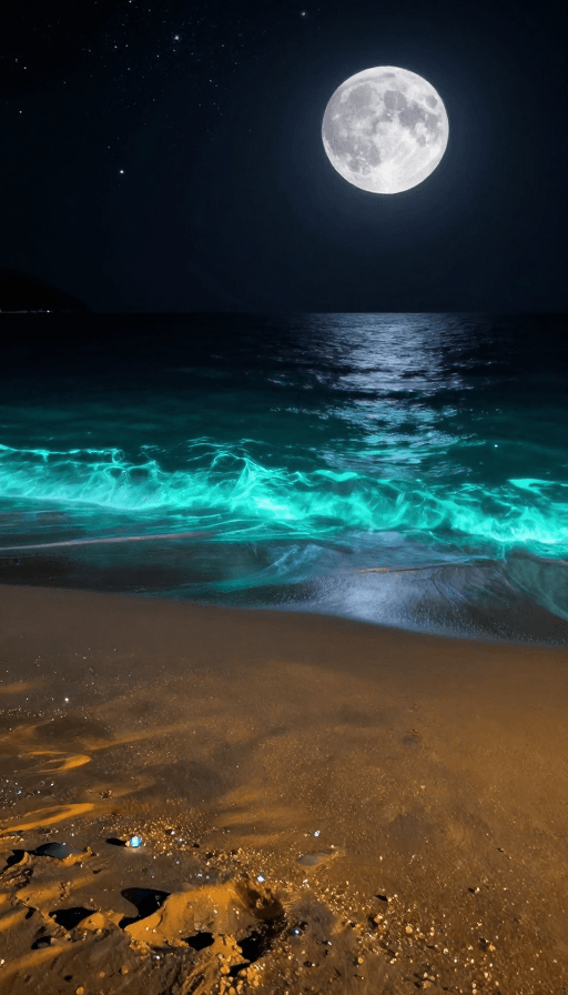 高清画质素材：奇幻荧光海滩夜景：哑光艺术之美