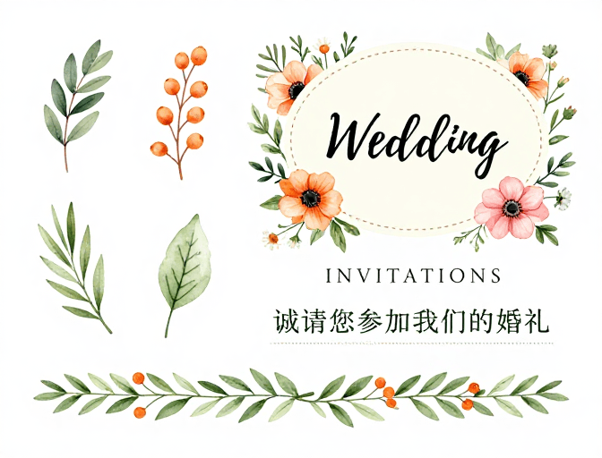 水彩手绘素材：清新水彩手绘森系婚礼邀请函设计