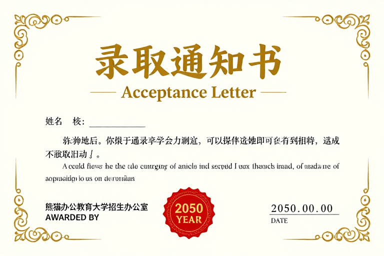 录取通知书素材：典雅通知书设计：金色书法与红色印章的中西合璧