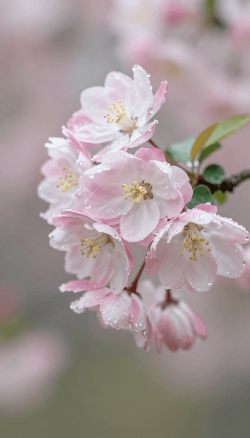 #诗意场景素材：一树海棠：梦幻露珠点缀的诗意花园