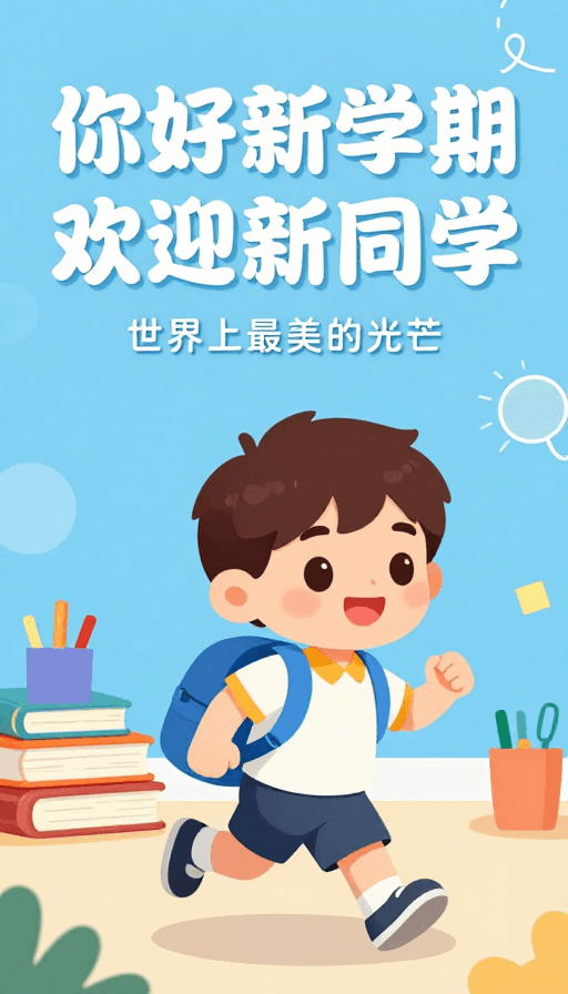 开学季素材：活力满满新学期：卡通男孩奔跑迎接新学季