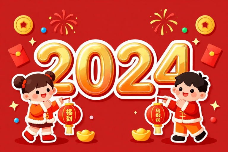 2024庆祝素材：2024新年喜庆插画 卡通人物送福到