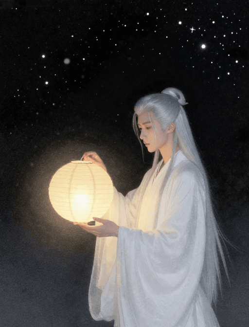 纸灯意象素材：岩彩雪夜少年：静谧光影的超凡梦境