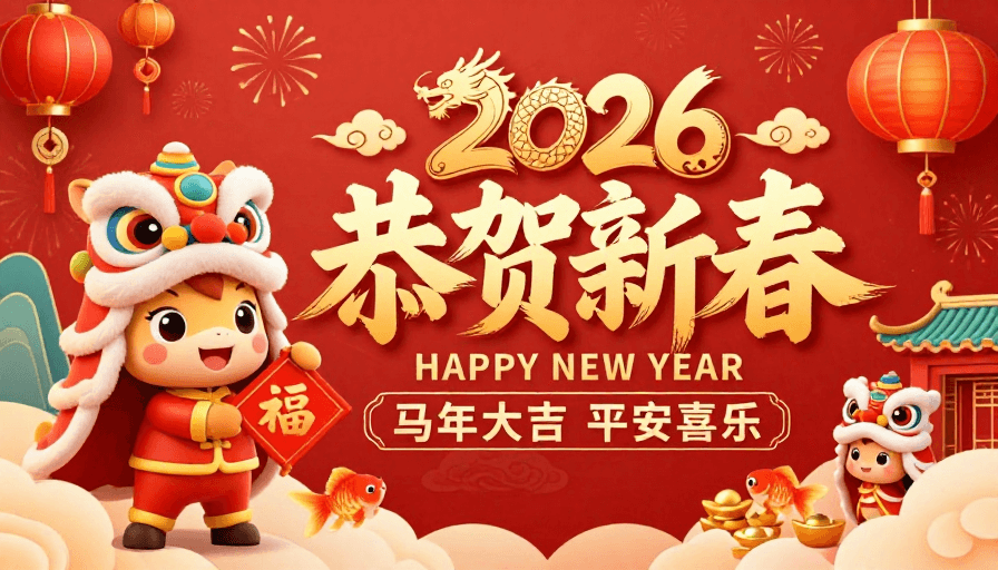 舞狮元素素材：喜庆中国风新年海报：马年大吉卡通舞狮祝福