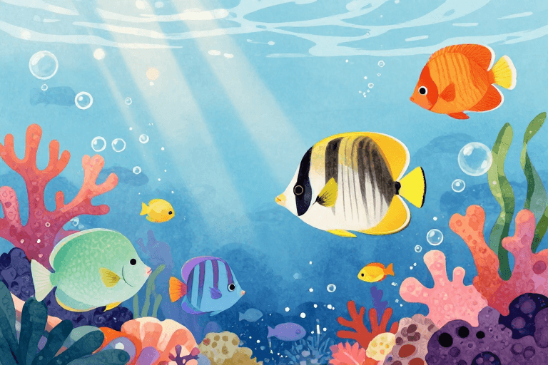 儿童教育素材：梦幻水彩海底世界：童趣扁平风生物插画