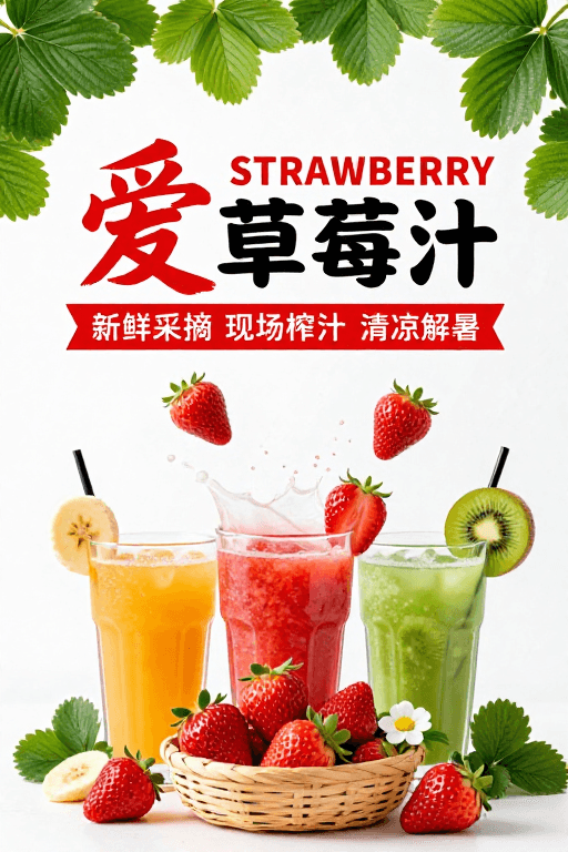 草莓汁促销素材：清新活力：夏日现榨草莓汁，自然采摘更解暑