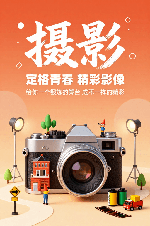 青春主题素材：复古相机建筑插画：定格青春摄影创意海报