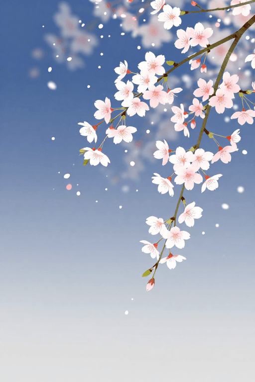 水墨风格素材：唯美日式樱花垂枝插画背景，静谧雅致