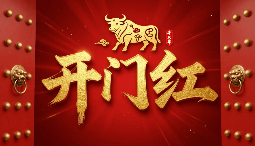 开门红素材：立体金色‘开门红’书法新年海报